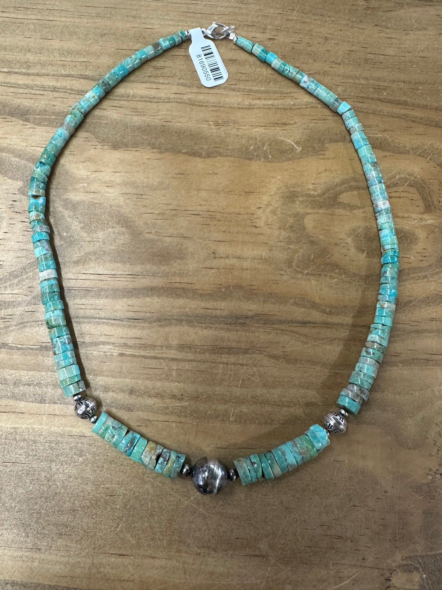 Turquoise Heishi Bead & Sterling Pearl Necklace