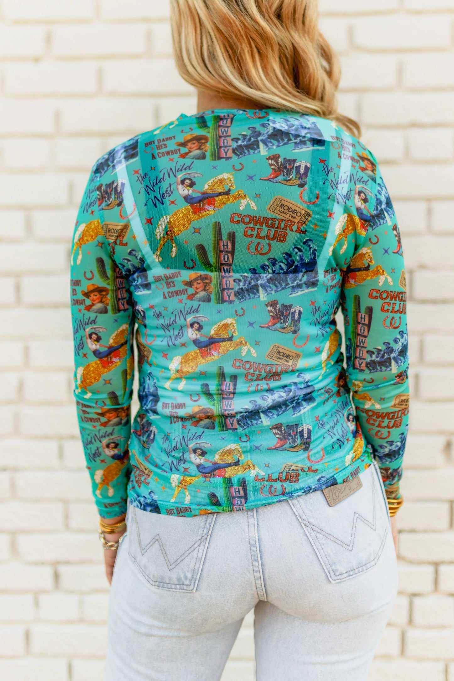 Turquoise Cowgirl Collage Long Sleeve Mesh Top