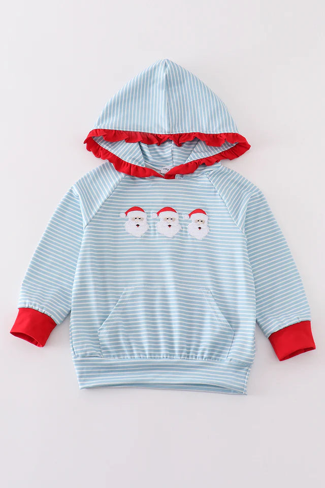 Girls Blue Stripe Santa Ruffle Hoodie