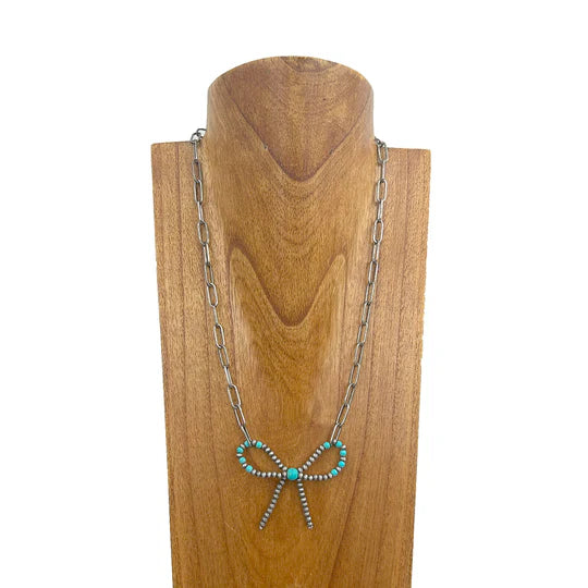 24" Chain with Pewter & Turquoise Beaded Bow Pendant