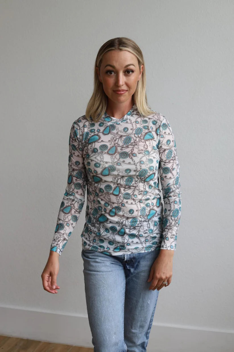 Ivory Turquoise Chain Long Sleeve Mesh Top