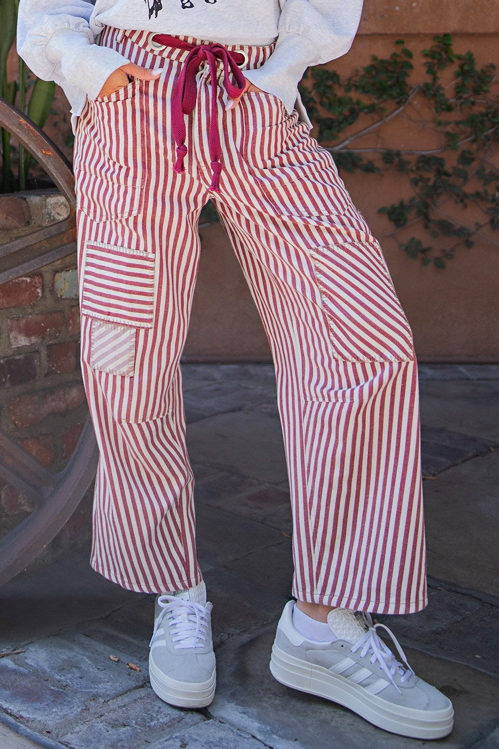 Raspberry Striped Drawstring Barrel Pants