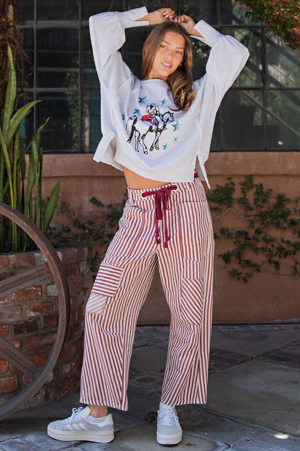 Raspberry Striped Drawstring Barrel Pants