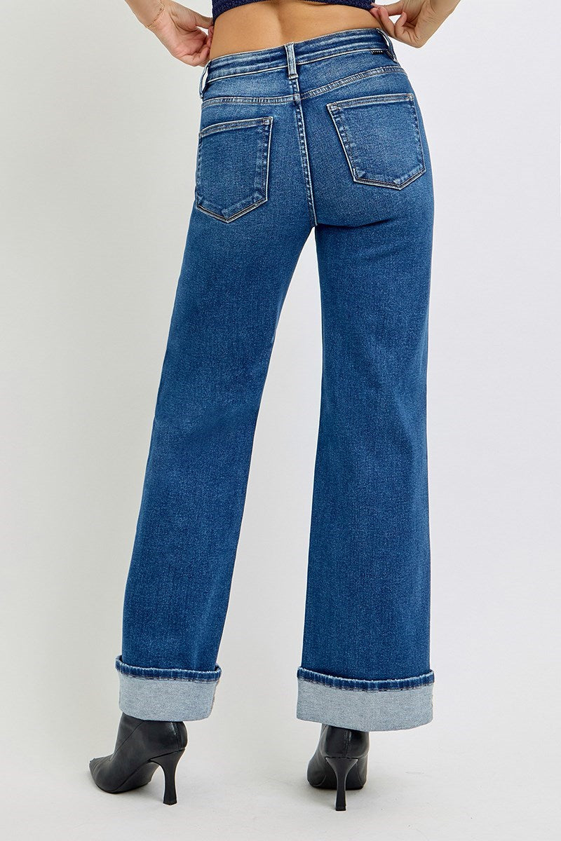 Risen TC High Rise Long Inseam Wide Leg Cuffed Jeans