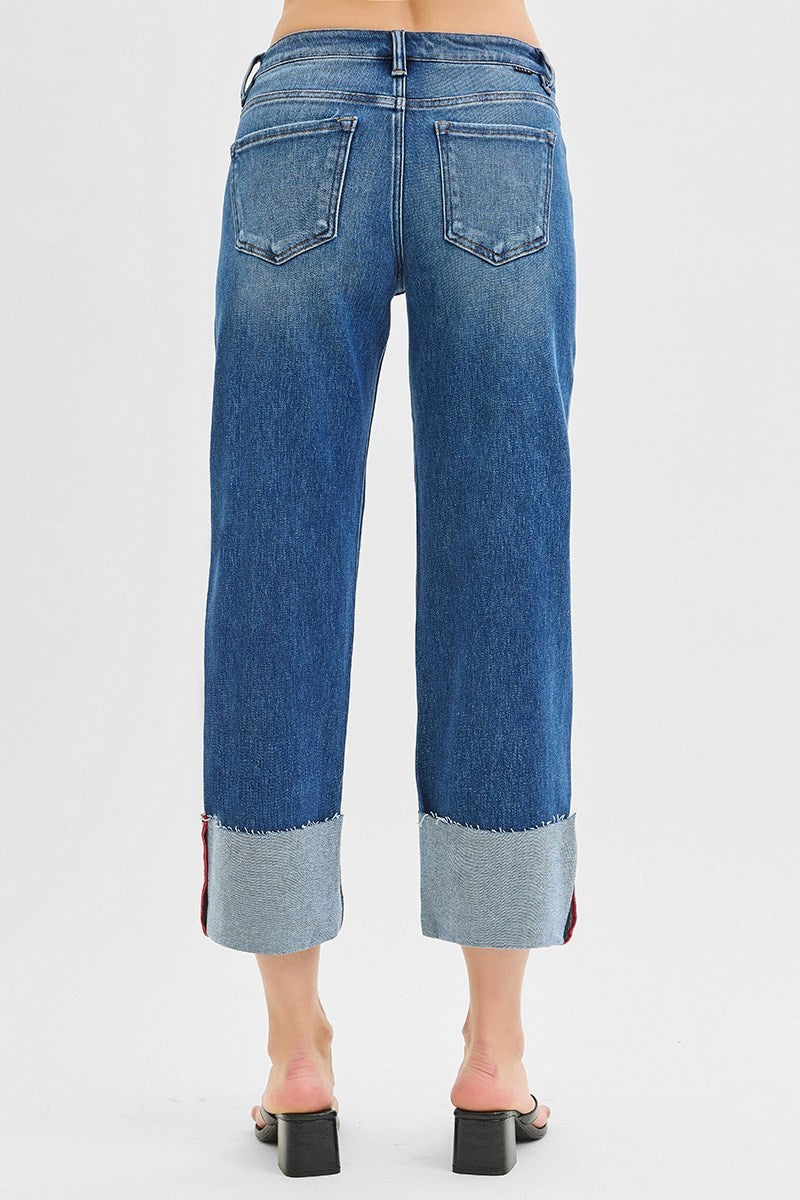 Risen Mid-Rise Crop Wide Cuff Jeans with Red Stitched Cuffs