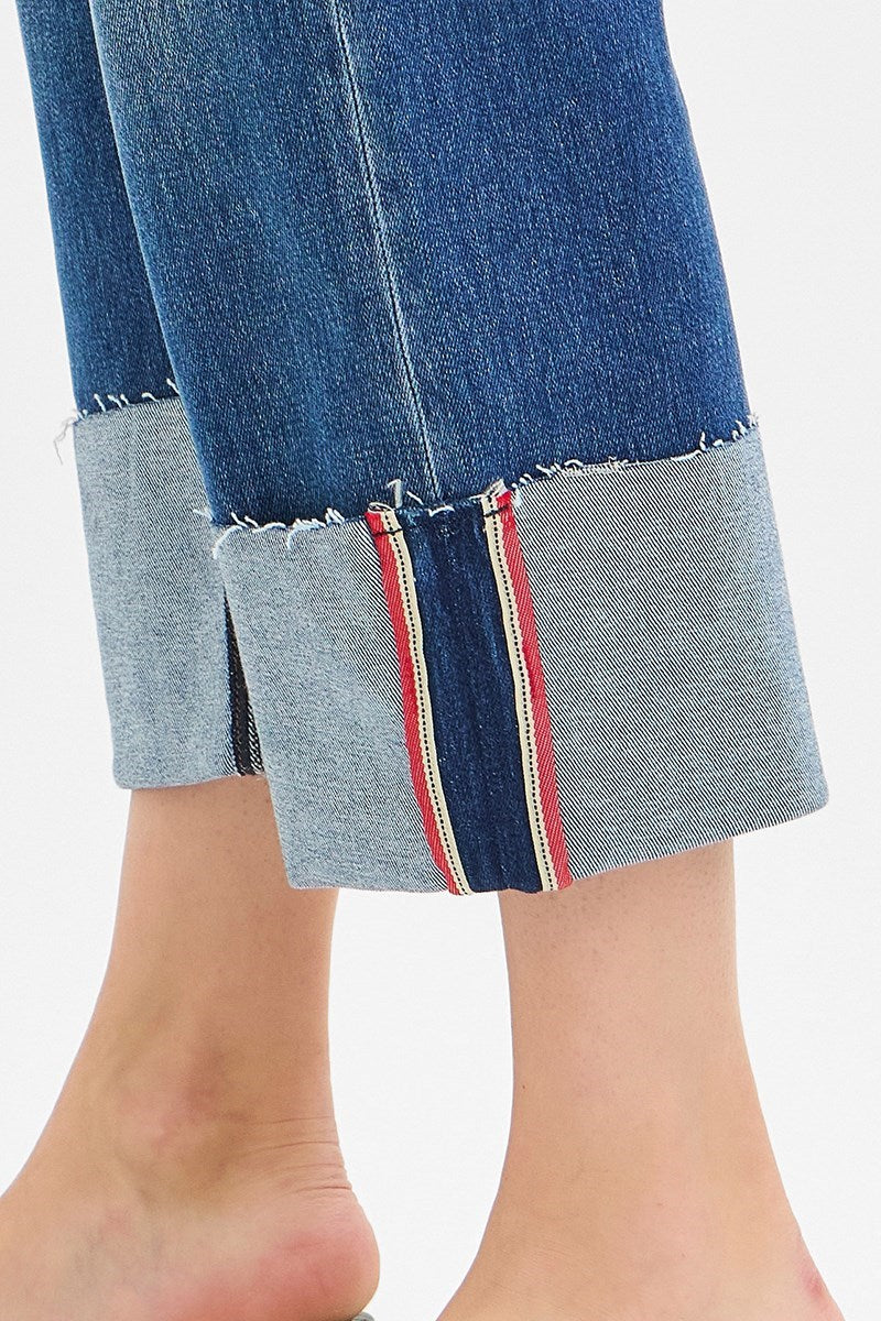 Risen Mid-Rise Crop Wide Cuff Jeans with Red Stitched Cuffs