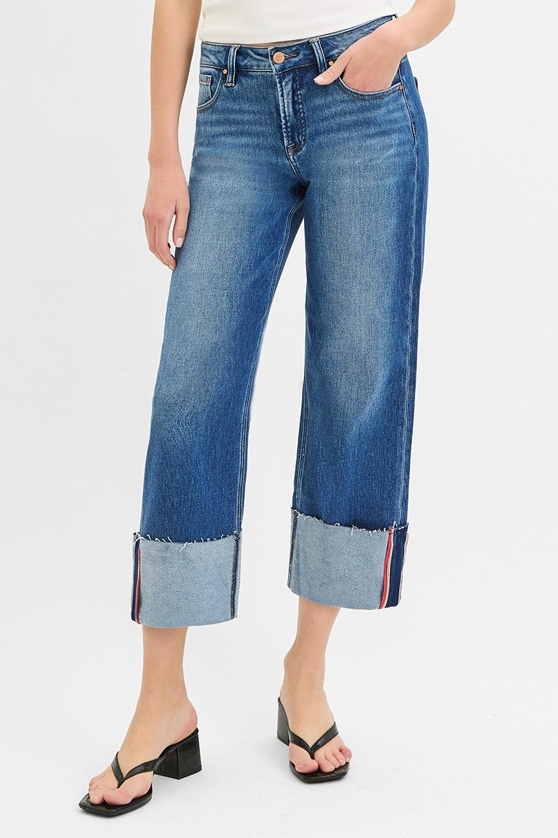 Risen Mid-Rise Crop Wide Cuff Jeans with Red Stitched Cuffs