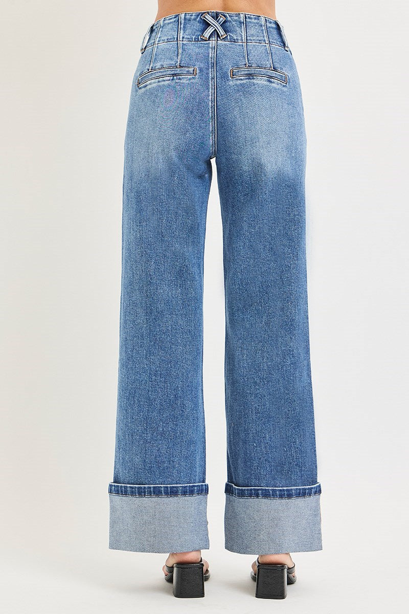 Risen High Rise Wide Leg Cuffed Jeans