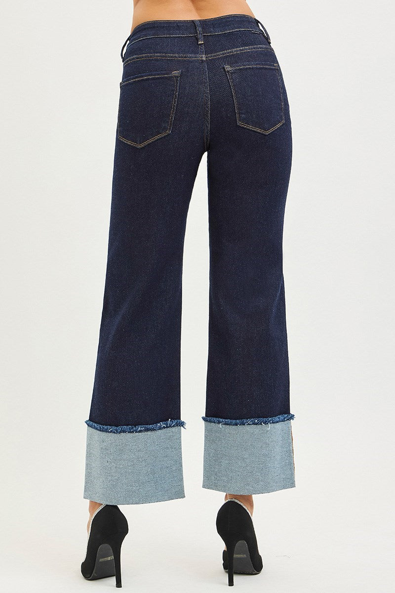Risen Mid Rise Wide Cuffed Jeans- Solid Dark