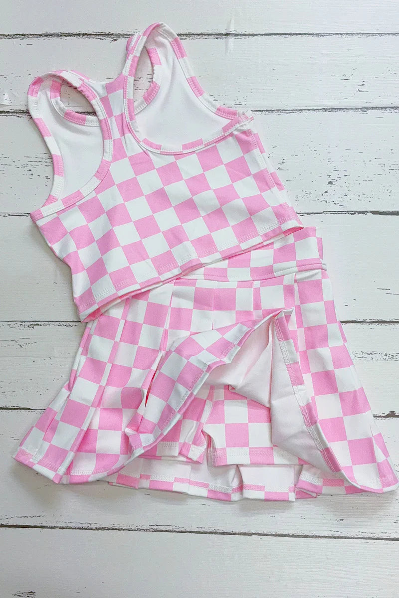 Light Pink & White Checker Print Crop Top & Short Set