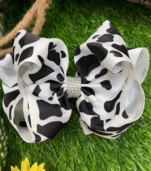 Black & White Cow Spotted Crystal Bow