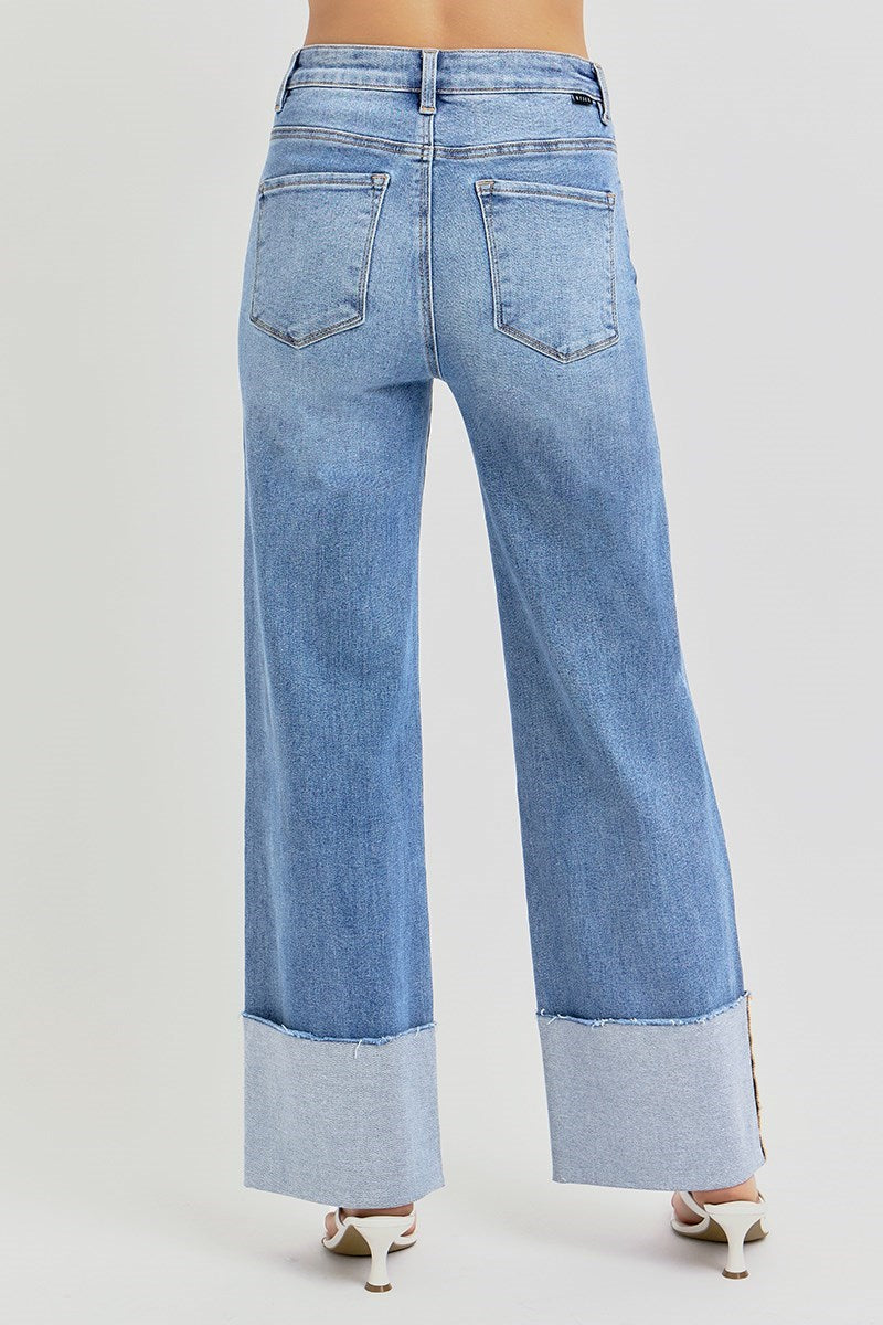 Risen High Rise Ankle Wide Cuffed Jeans- Medium