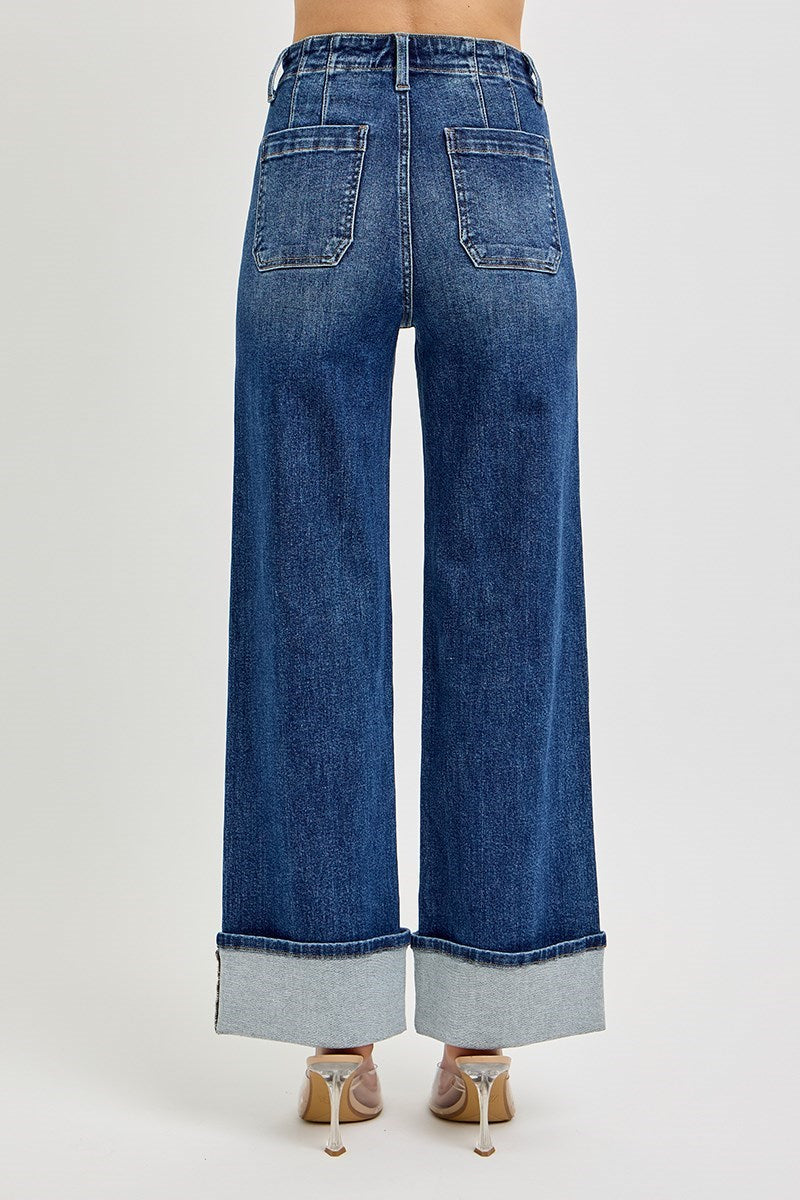Risen High Rise Button Down Cuff Jeans
