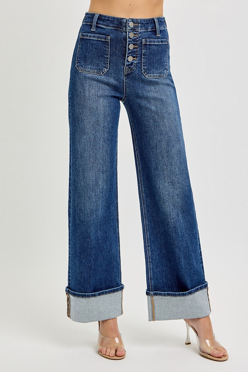 Risen High Rise Button Down Cuff Jeans