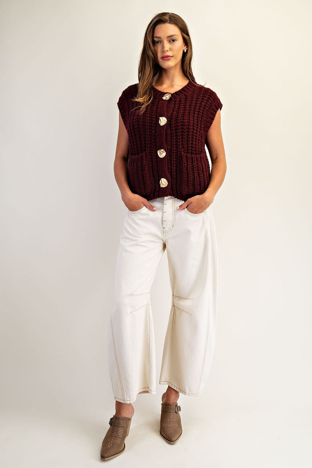 Wine Button Down Chunky Knit Vest