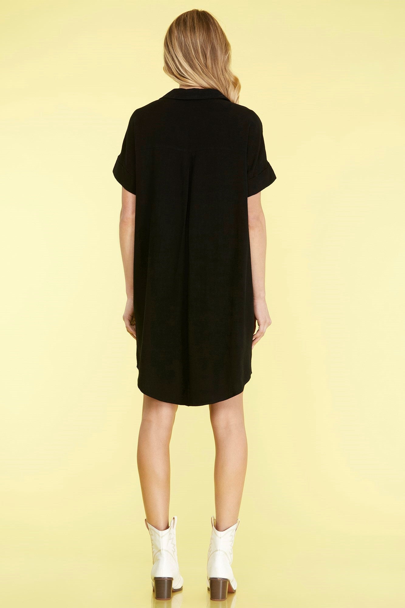 Black Pocket Woven Collared Dress