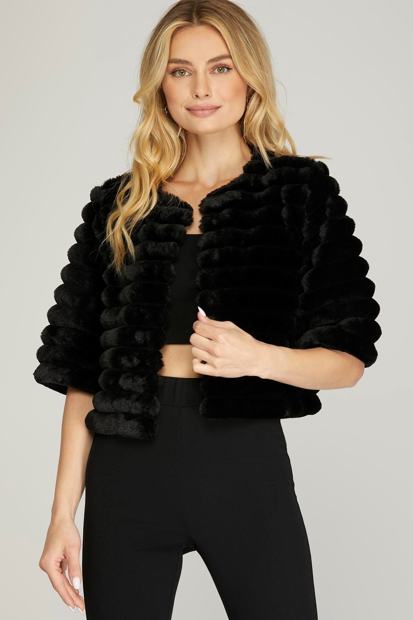 Black Half Sleeve Faux Fur Jacket