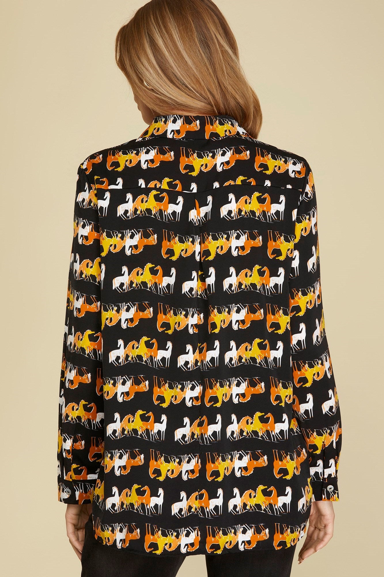 Black Horse Print Button Up Top