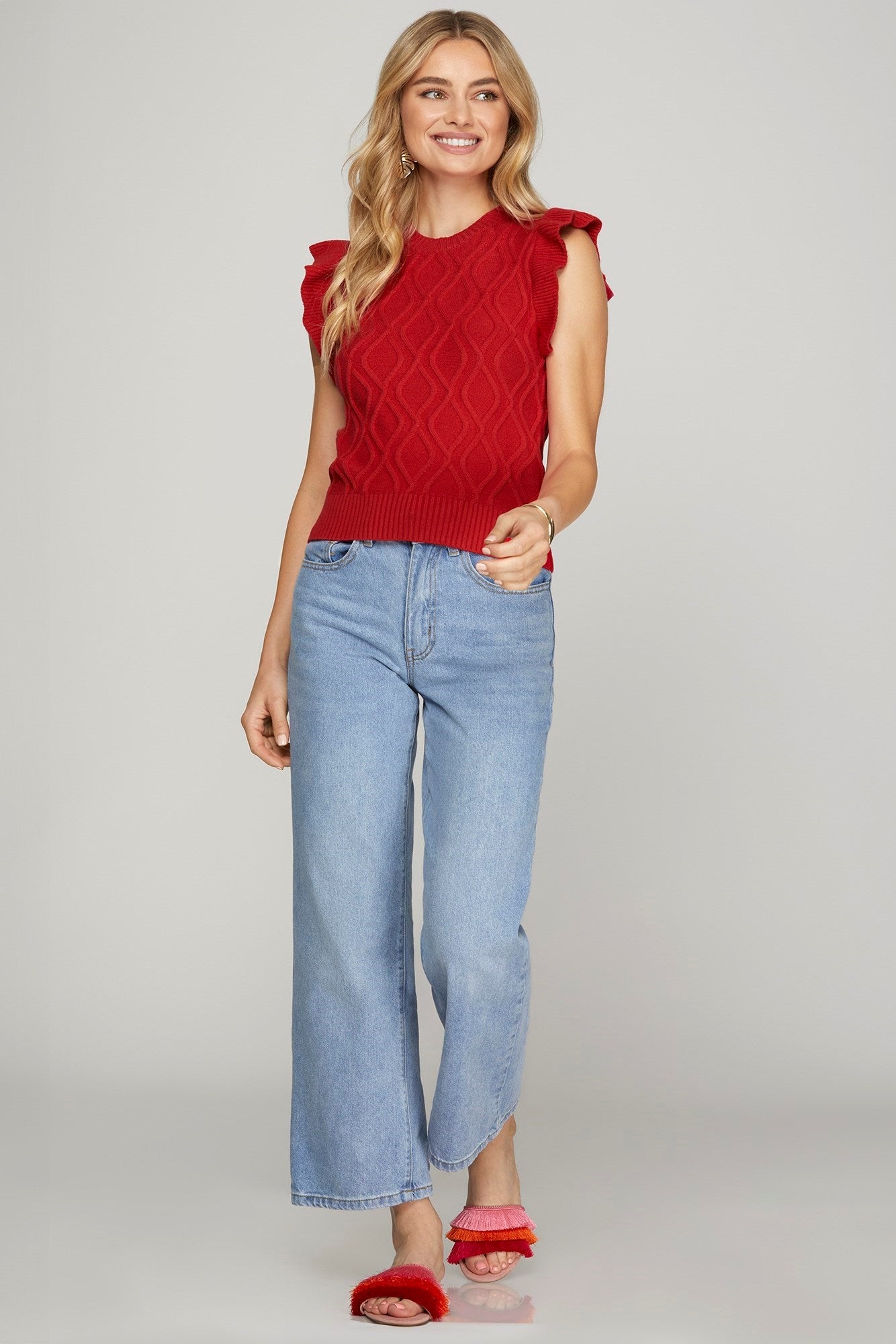 Red Ruffle Sleeve Sweater