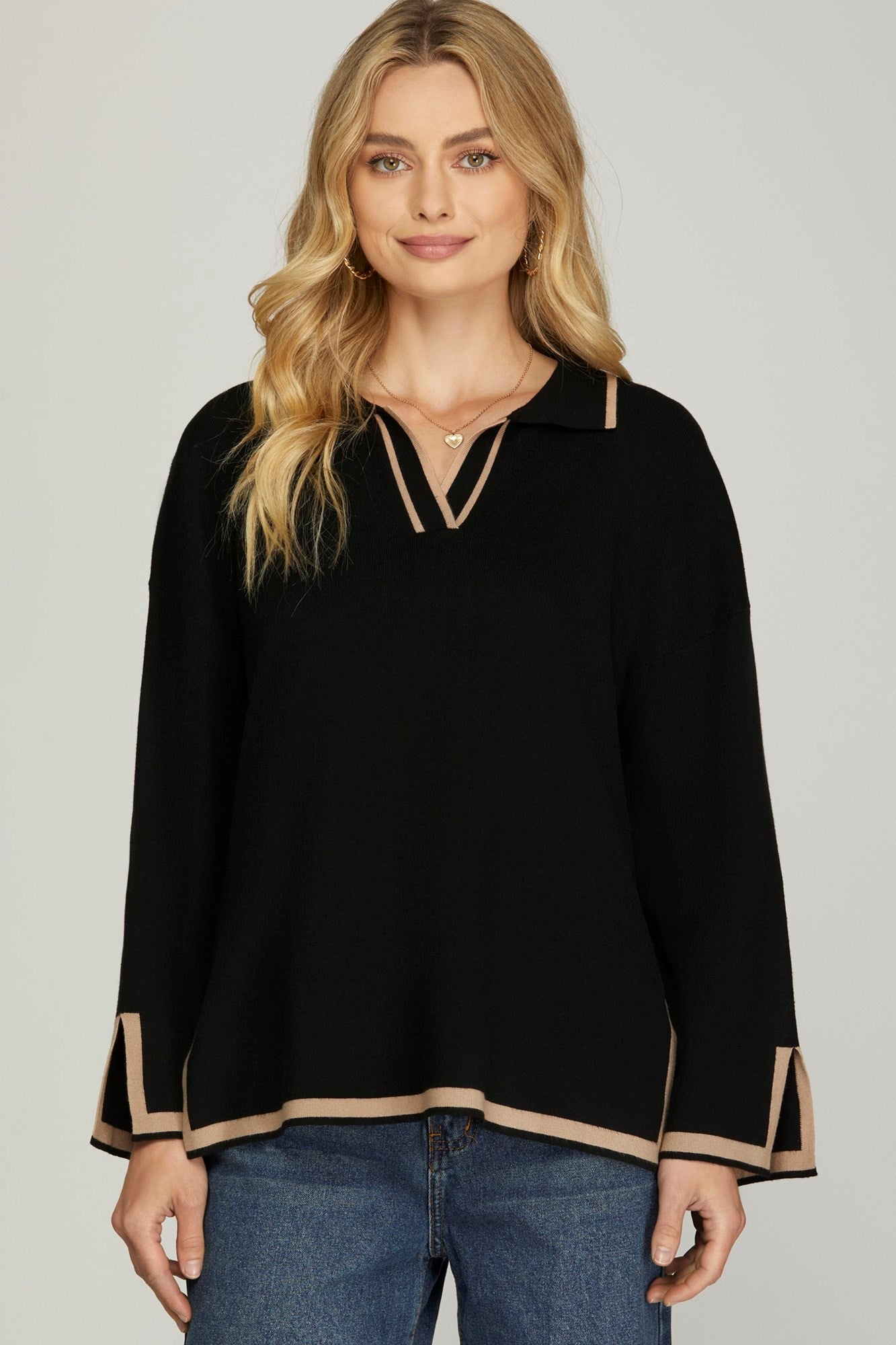 Black Collared Sweater with Contrasting Hem