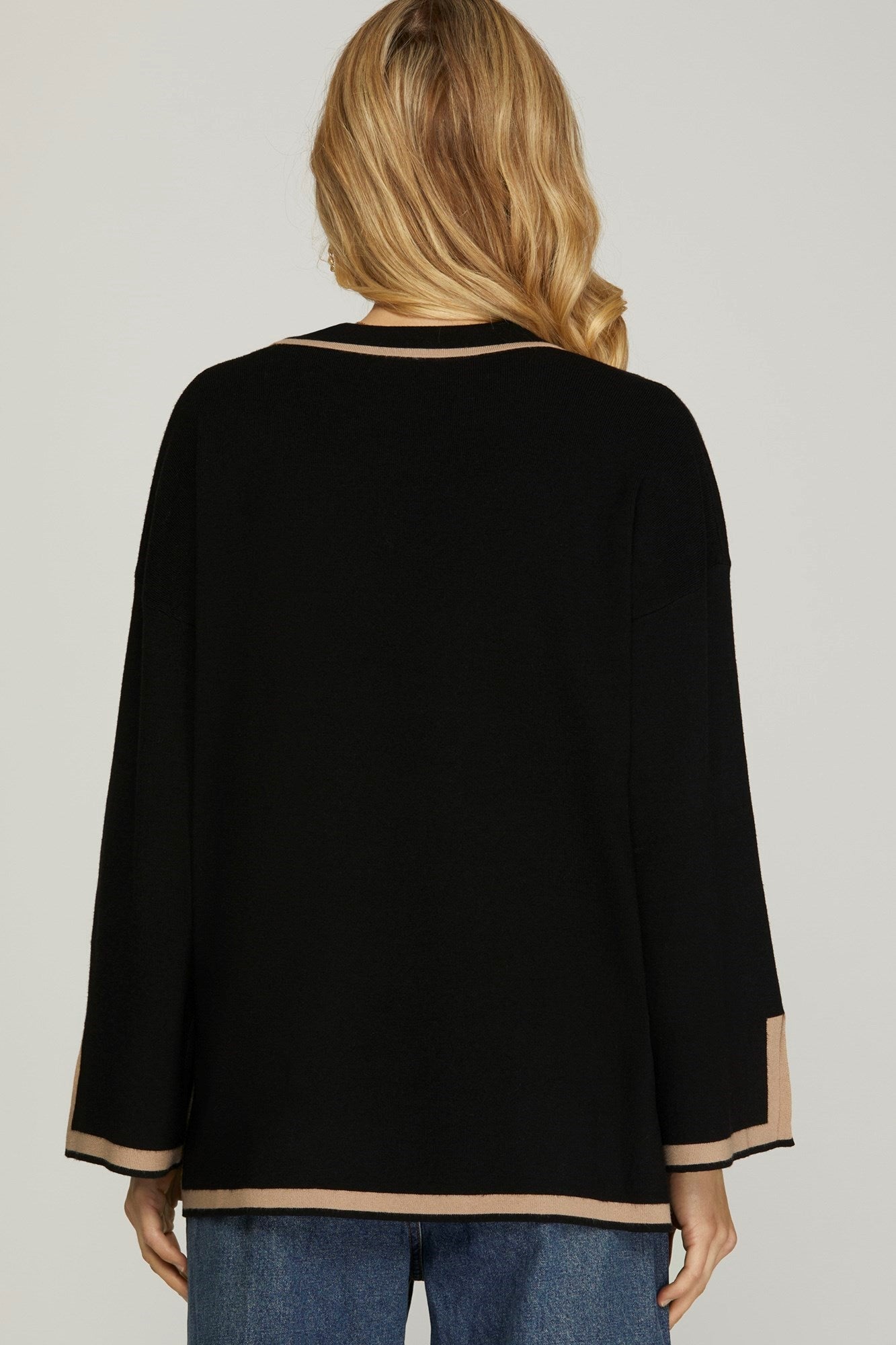 Black Collared Sweater with Contrasting Hem