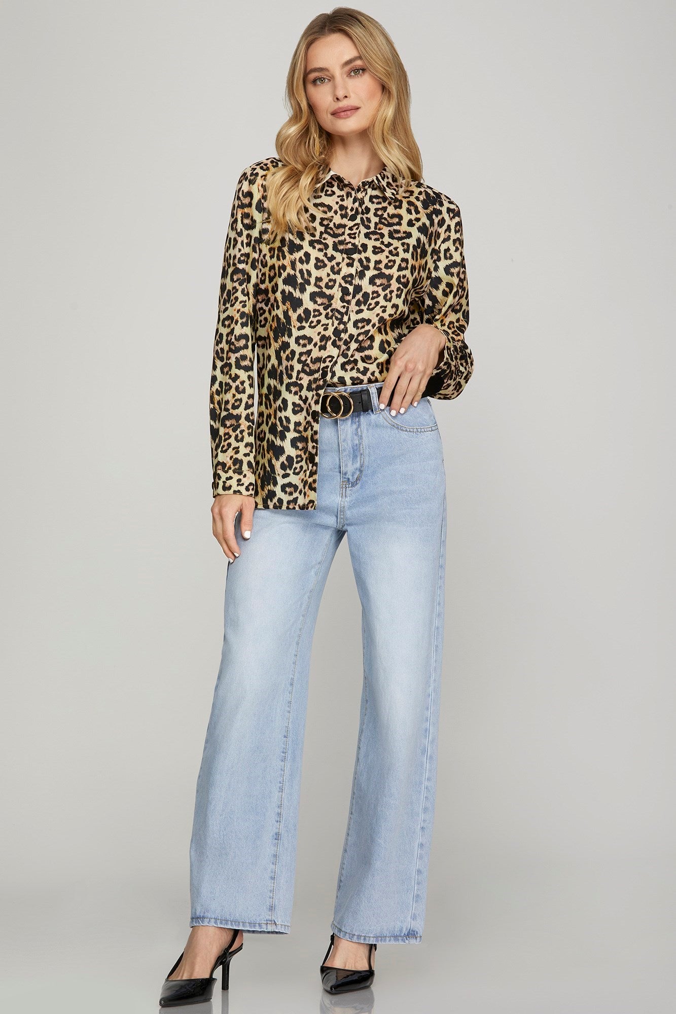 Leopard Printed Long Sleeve Button Down Top