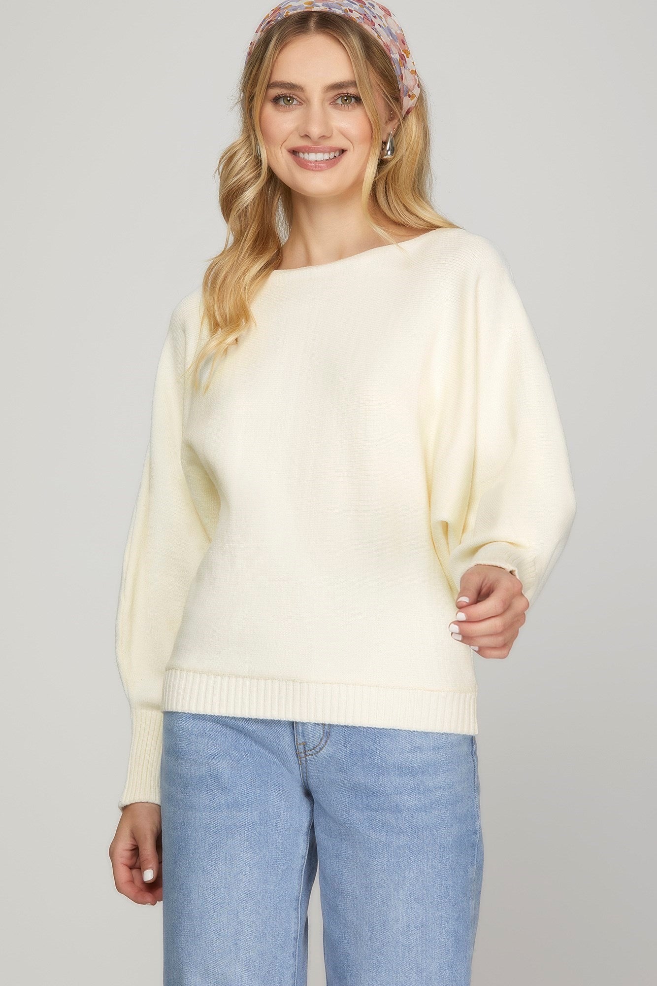 Cream Boat Neck Batwing Sweater