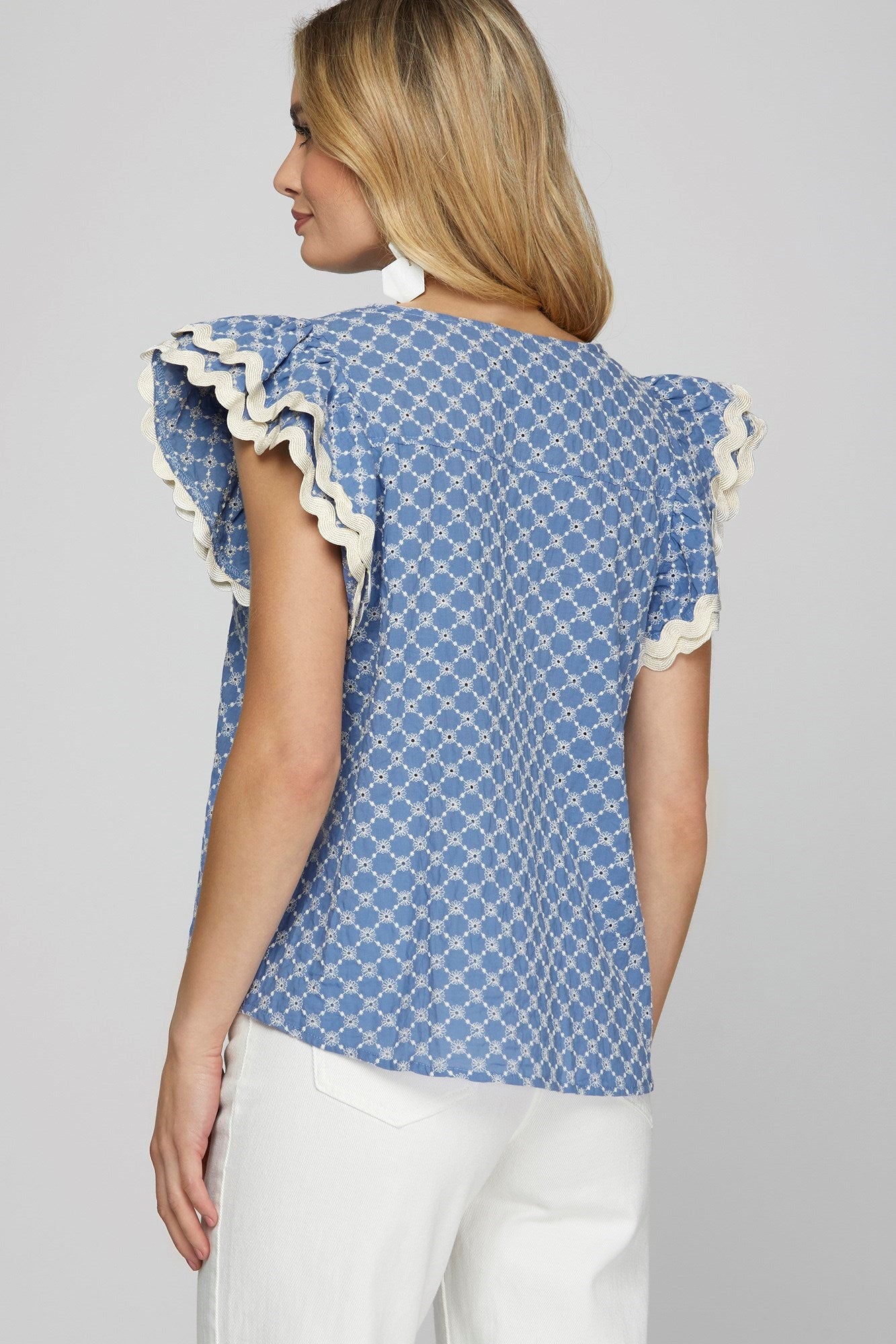 Blue Eyelet Ruffle Sleeve Top