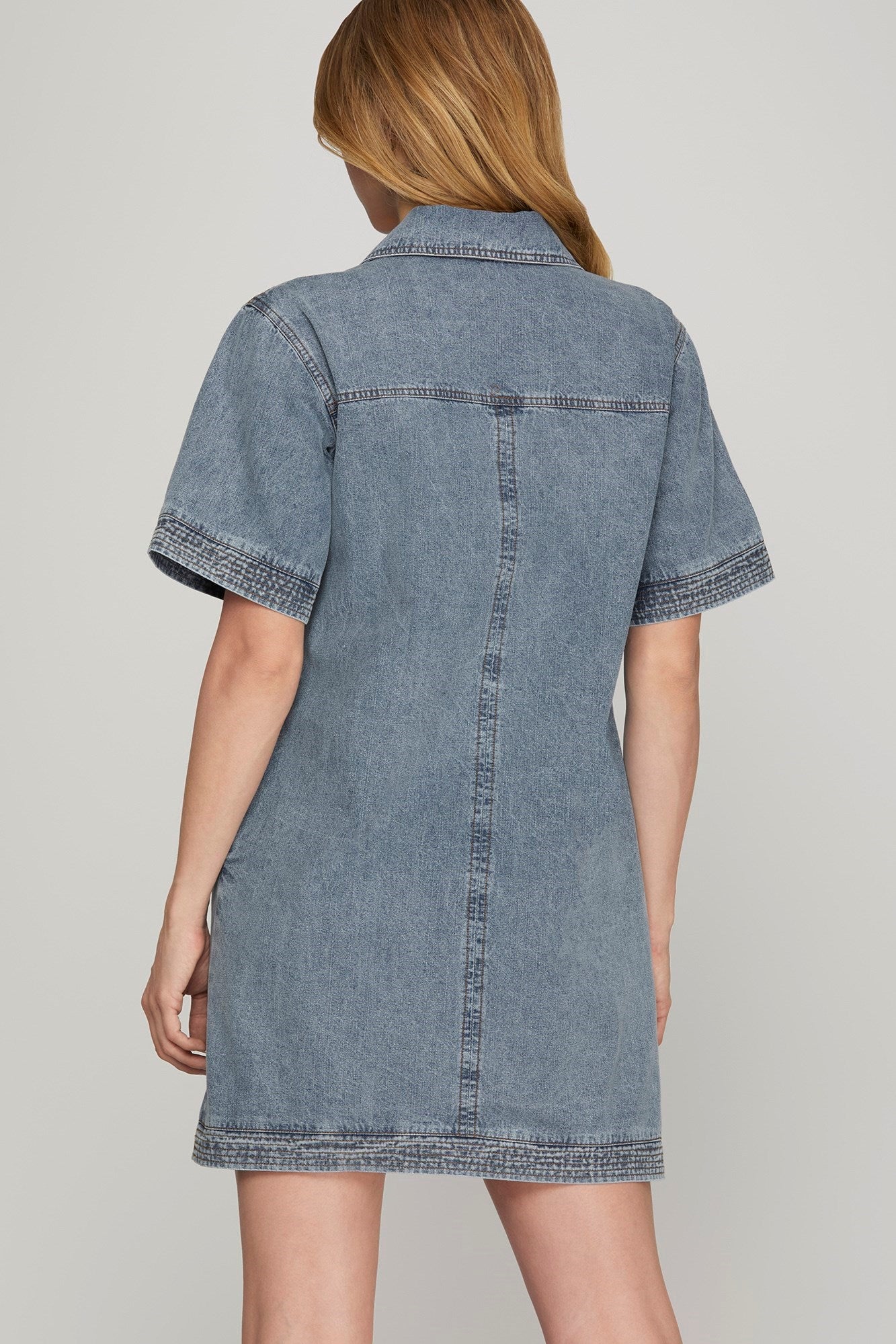 Denim Washed Collard Stitch Detail Dress