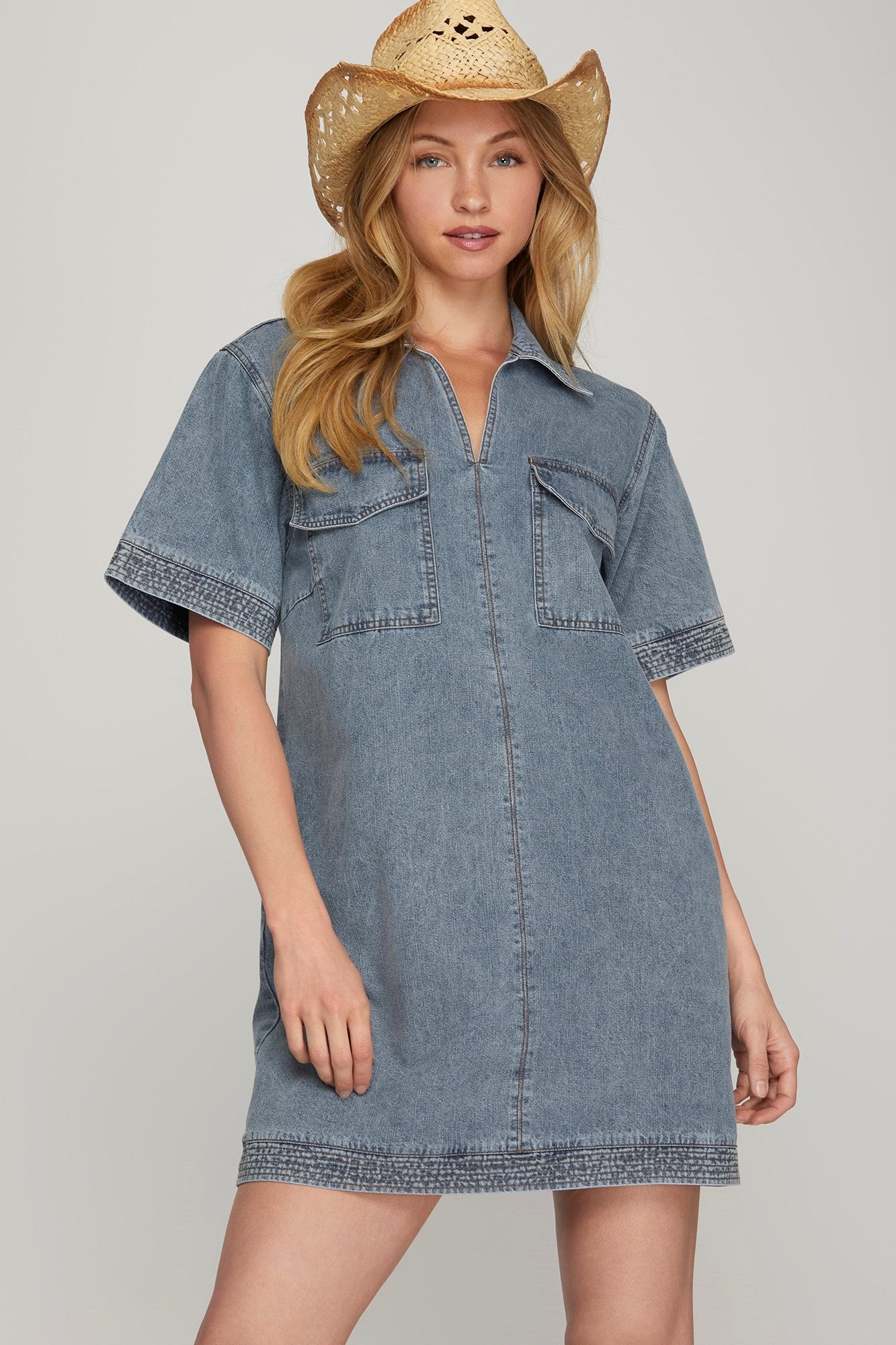 Denim Washed Collard Stitch Detail Dress
