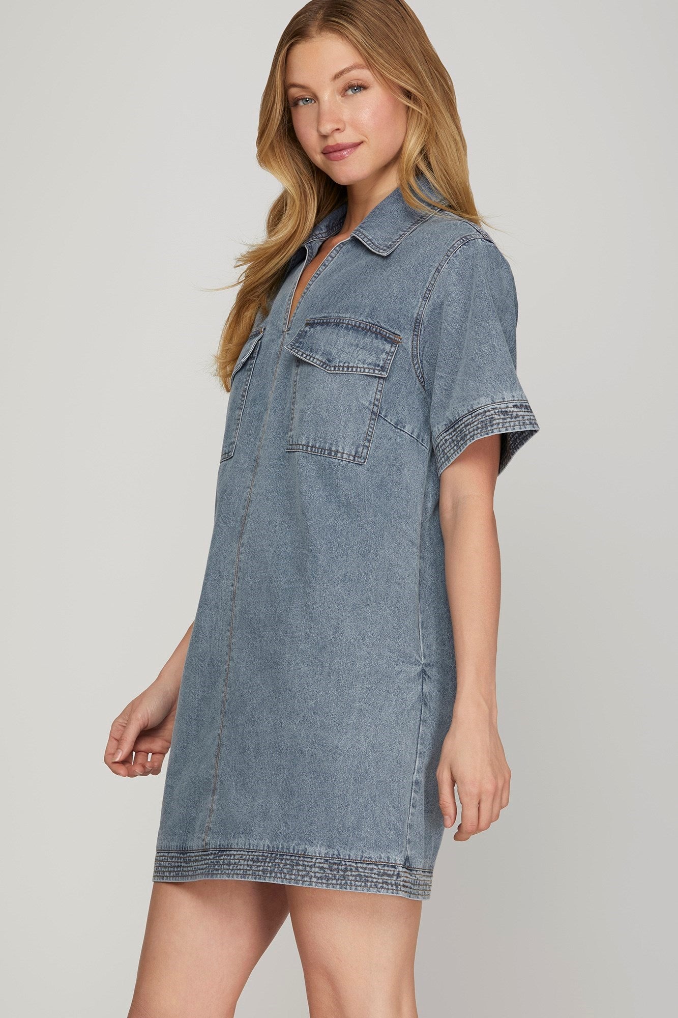 Denim Washed Collard Stitch Detail Dress