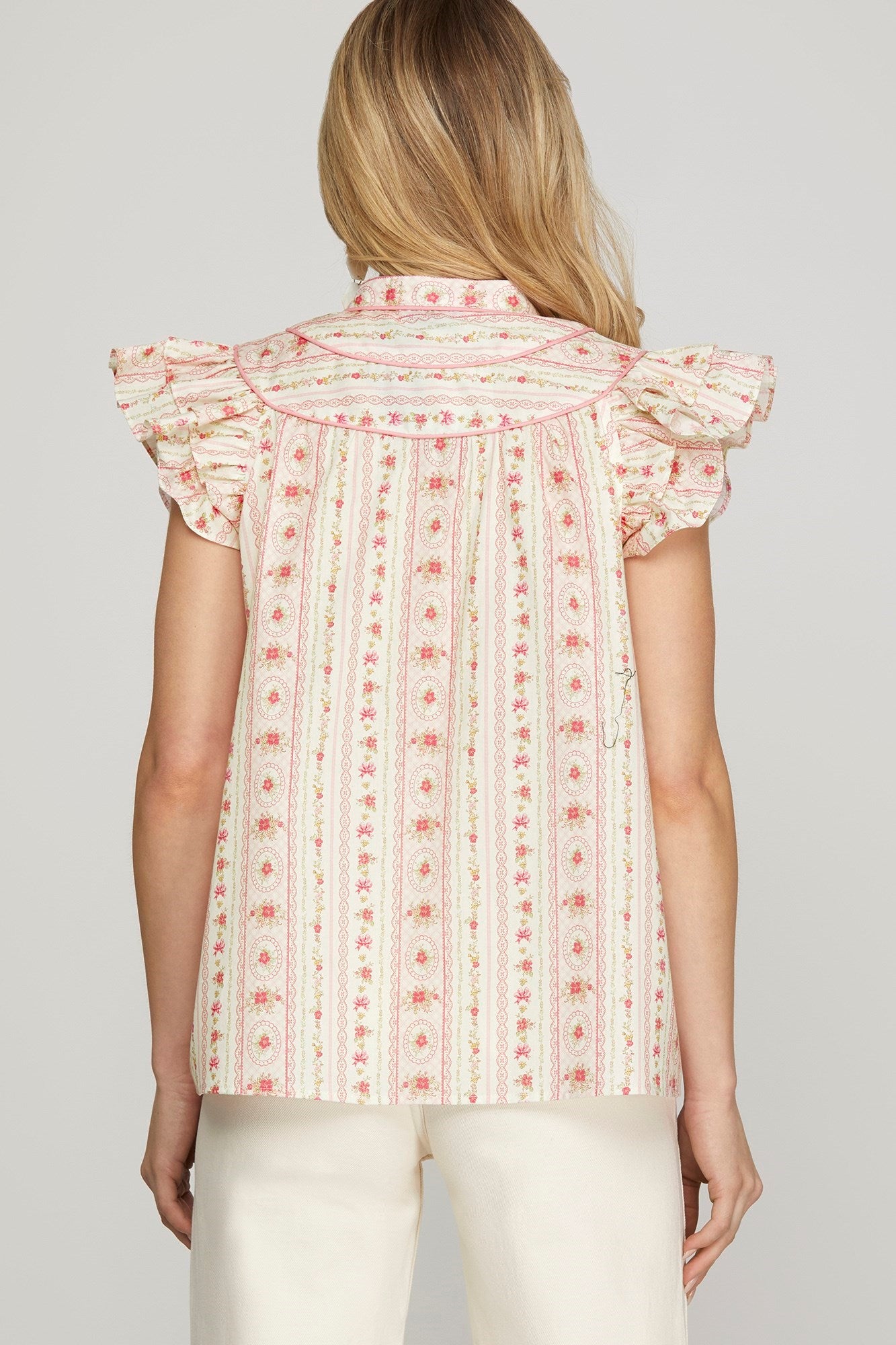 Cream Ruffled Sleeve Floral Print Top