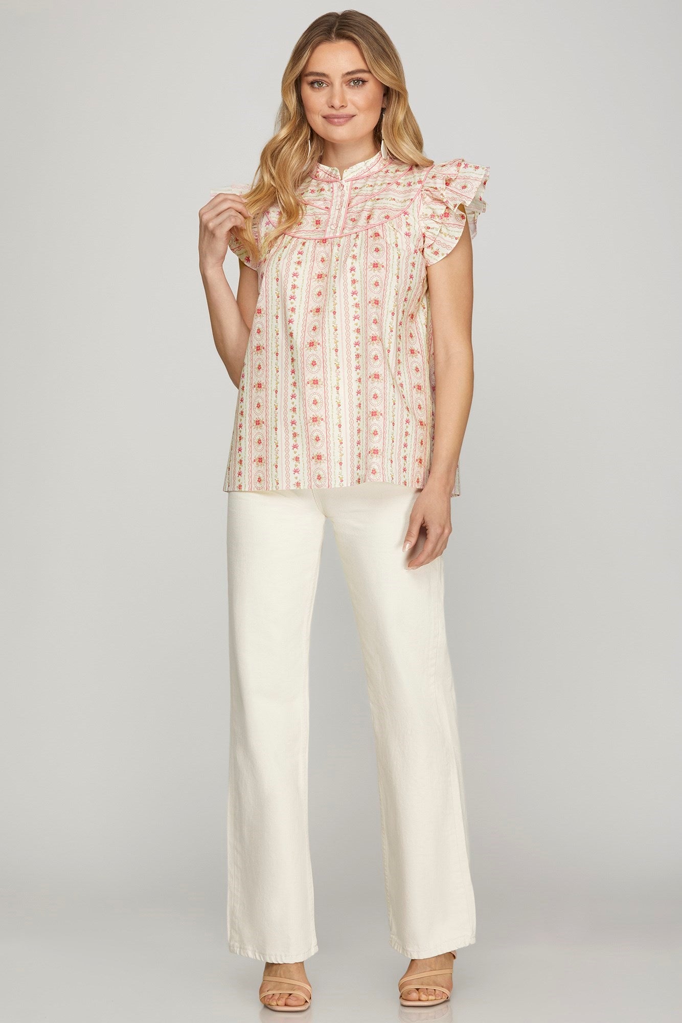 Cream Ruffled Sleeve Floral Print Top