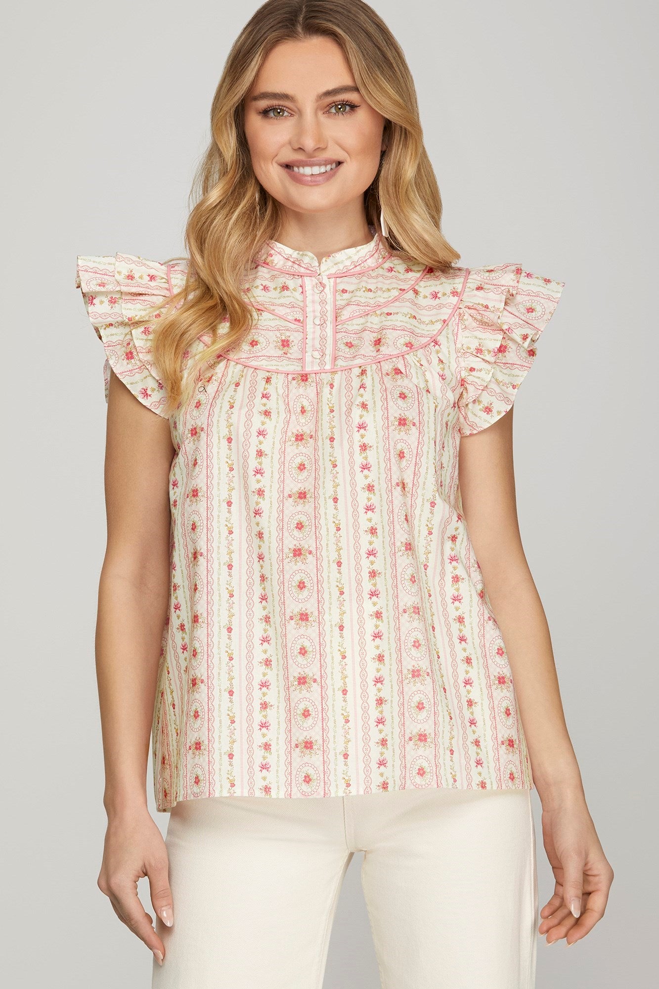 Cream Ruffled Sleeve Floral Print Top