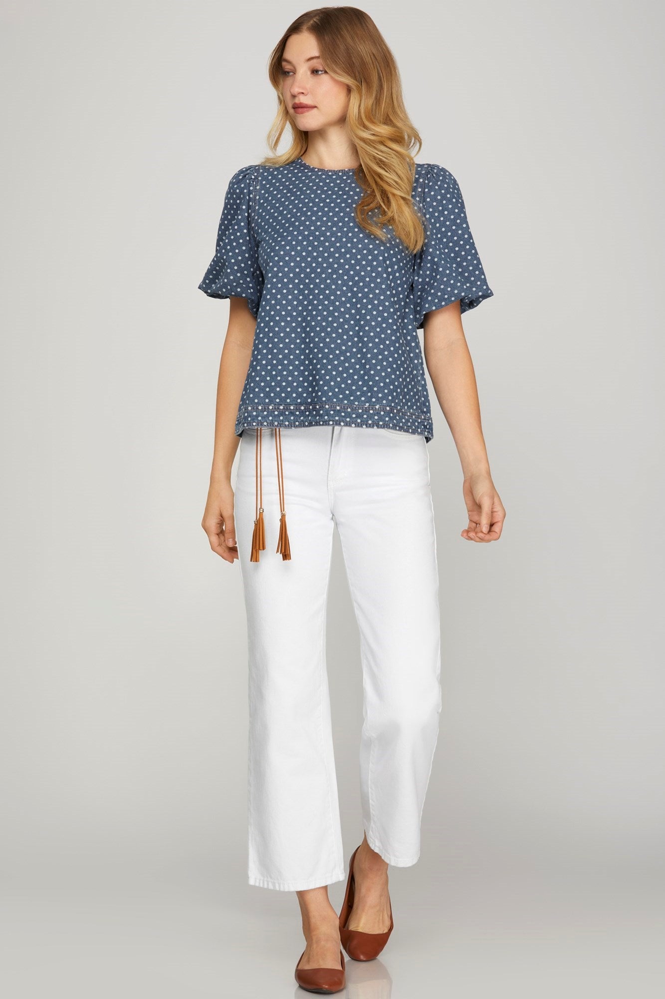 Denim & Polka Dot Puff Sleeve Top