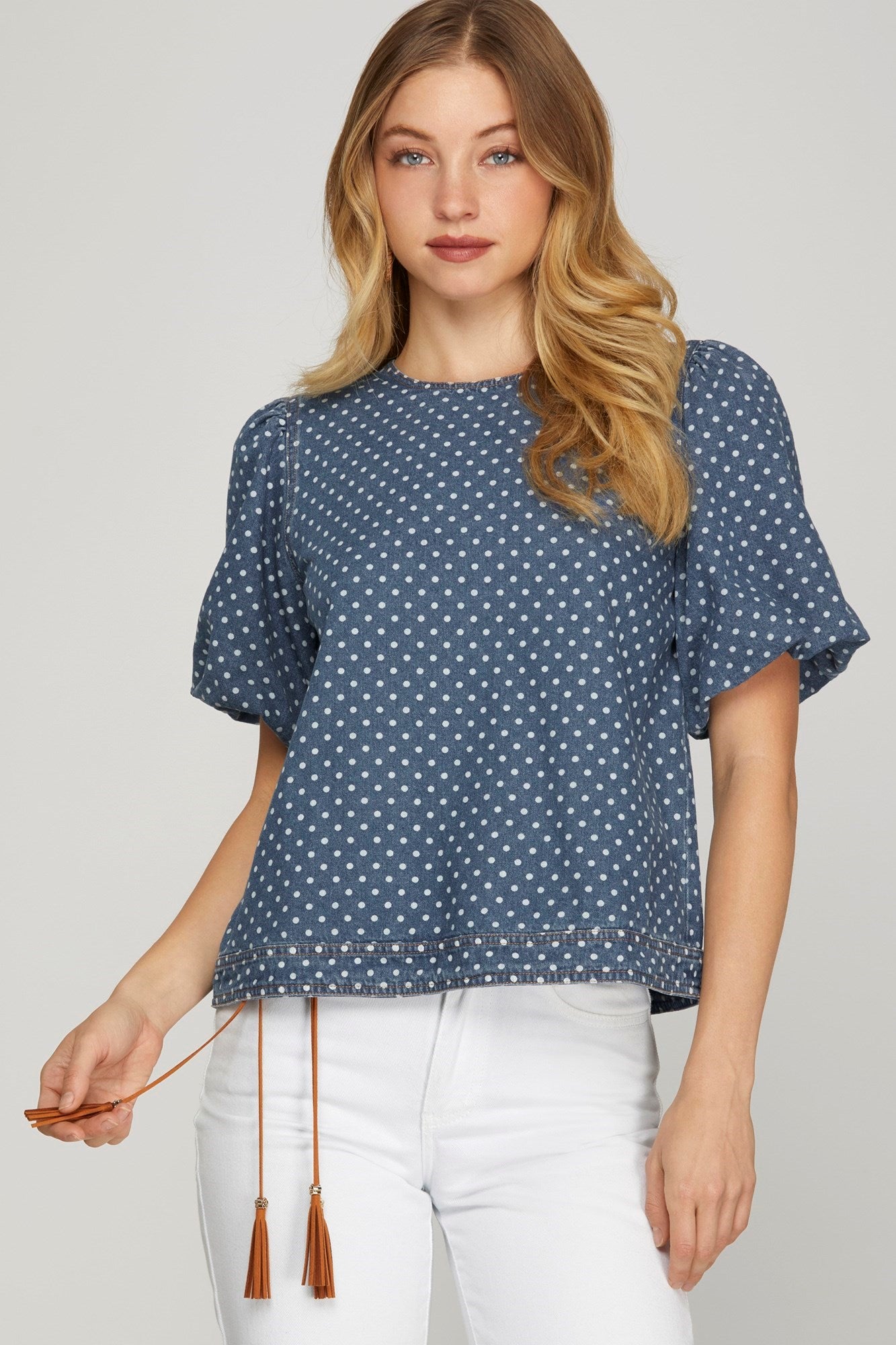 Denim & Polka Dot Puff Sleeve Top