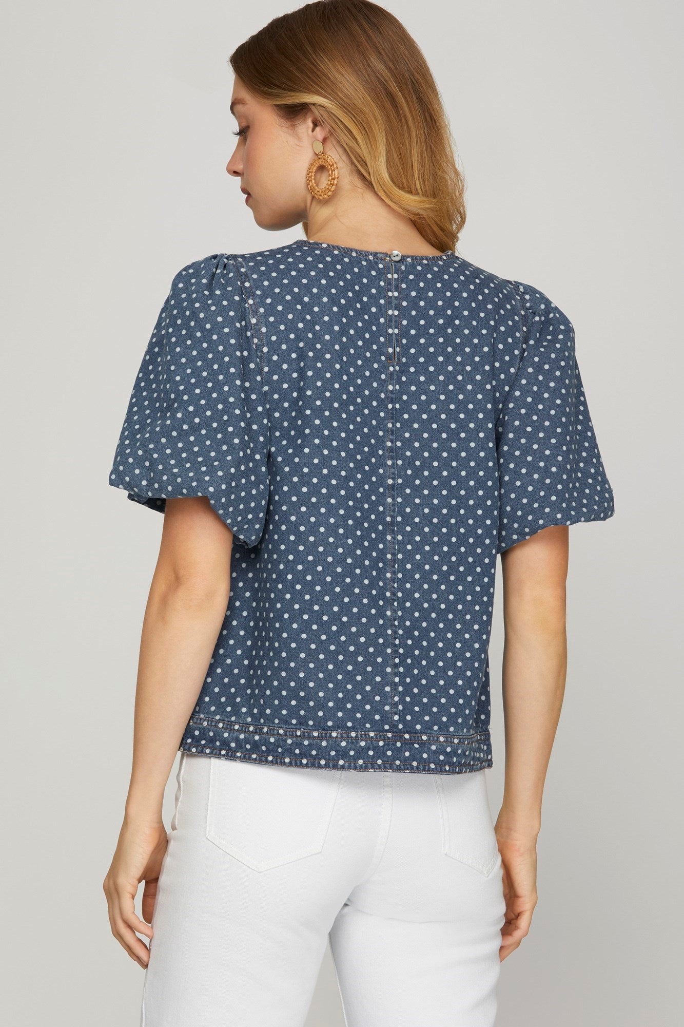 Denim & Polka Dot Puff Sleeve Top