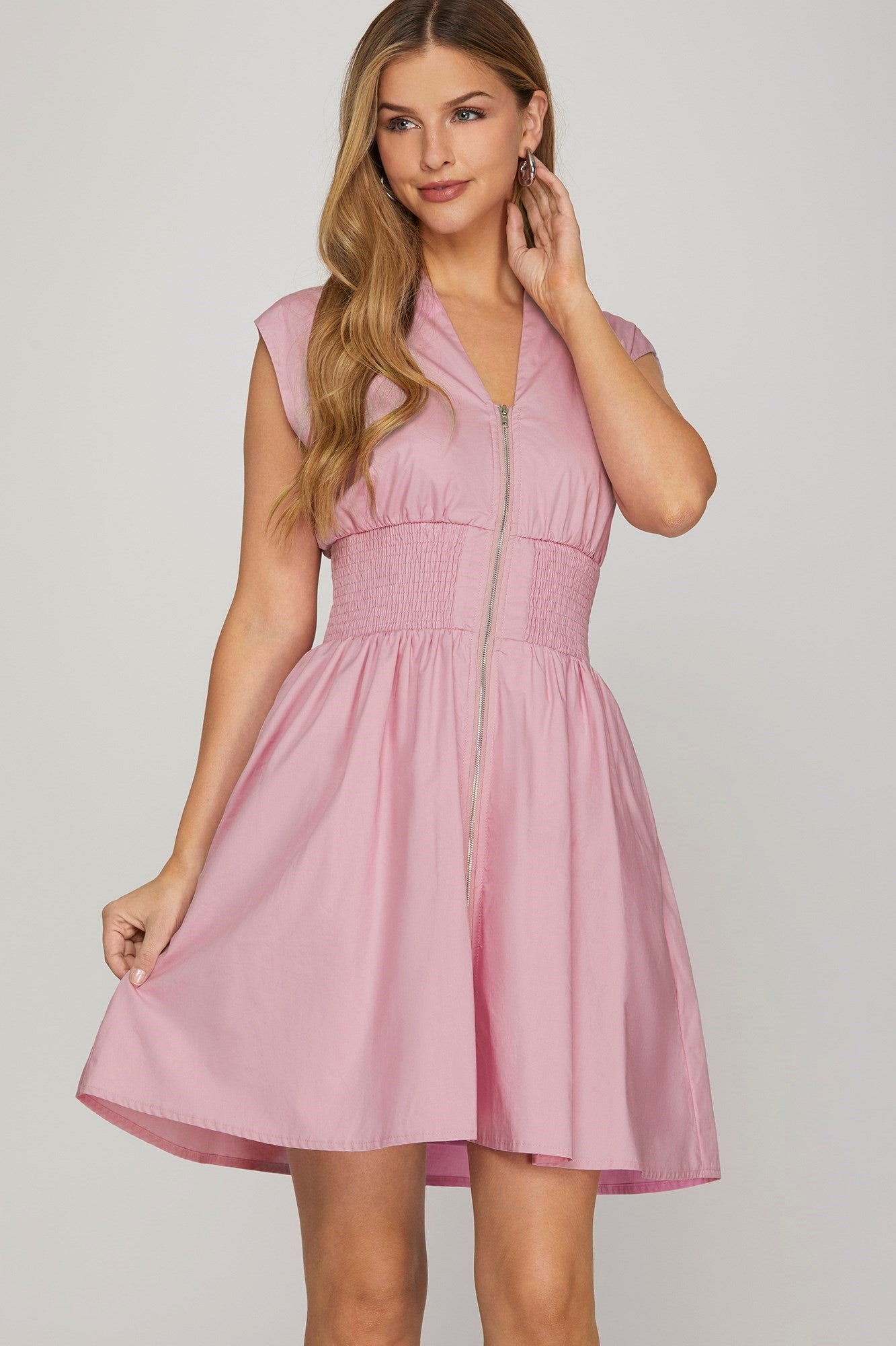 Pink Smocked Waist Front Zip Dress