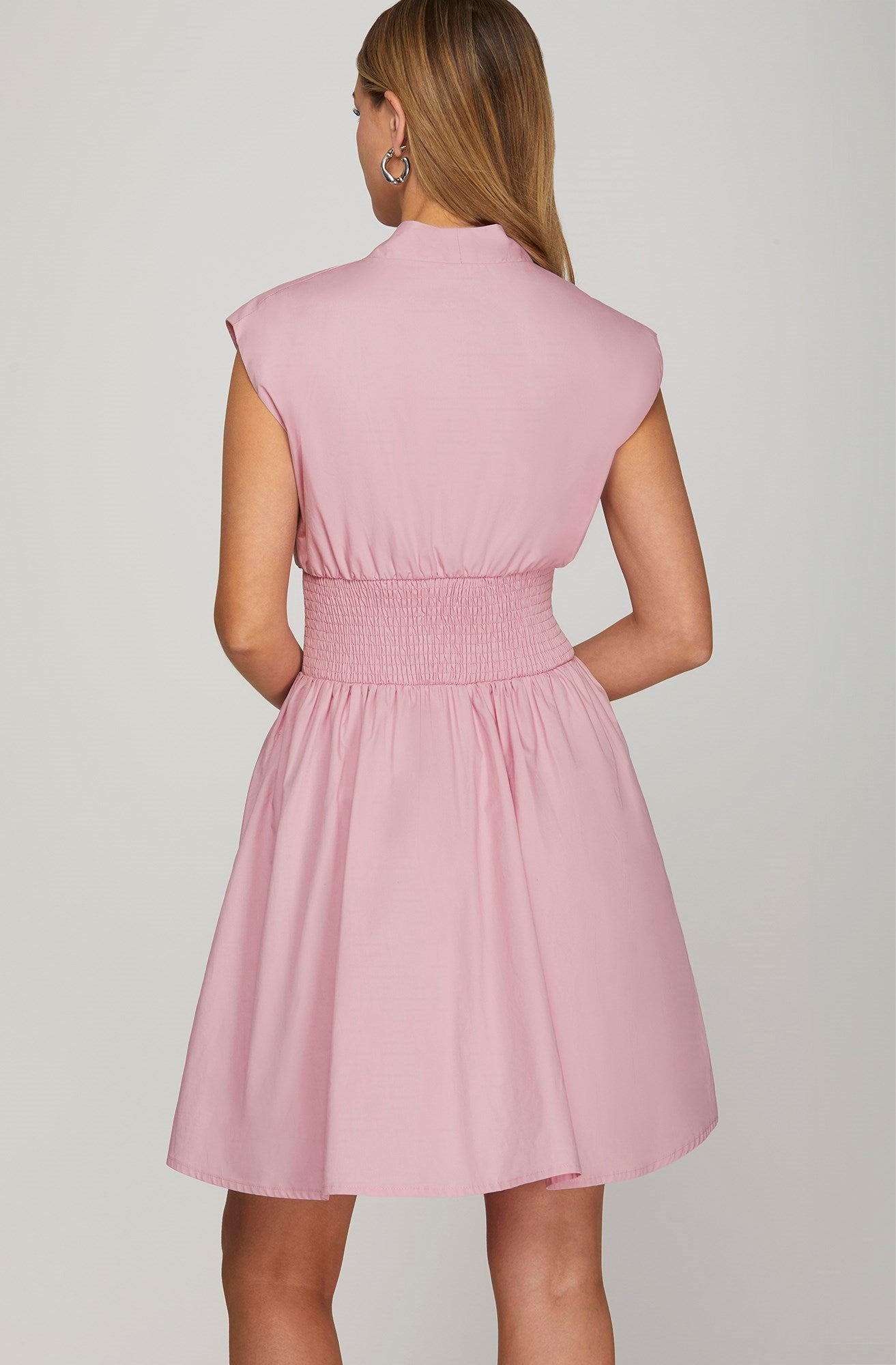 Pink Smocked Waist Front Zip Dress