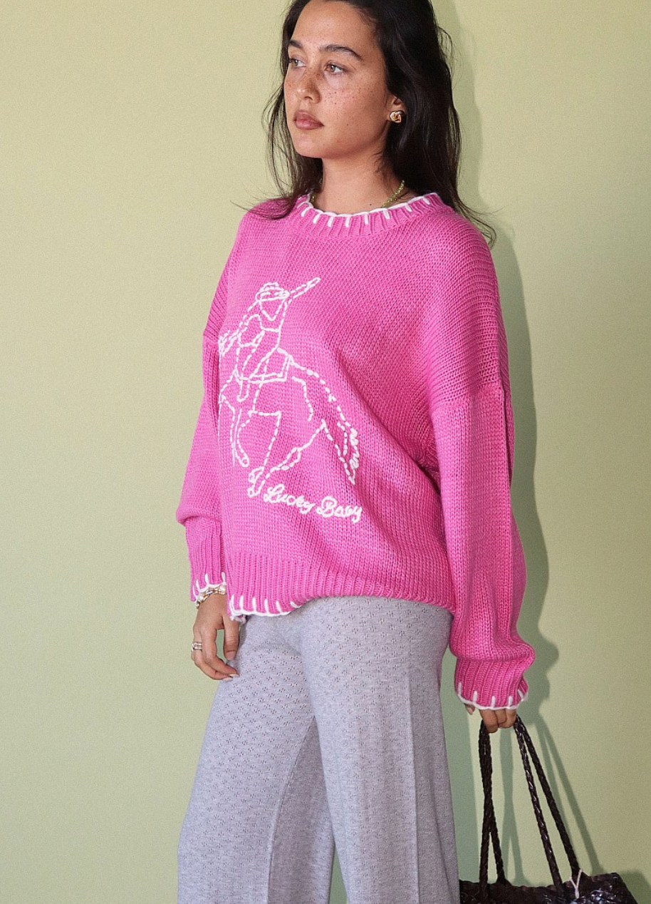 French Pink Bucking Bronc Embroidered Sweater