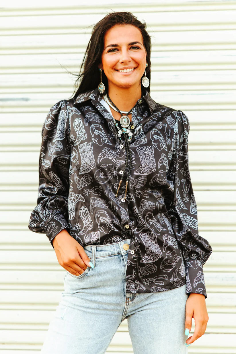 Western Things Black Satin Top