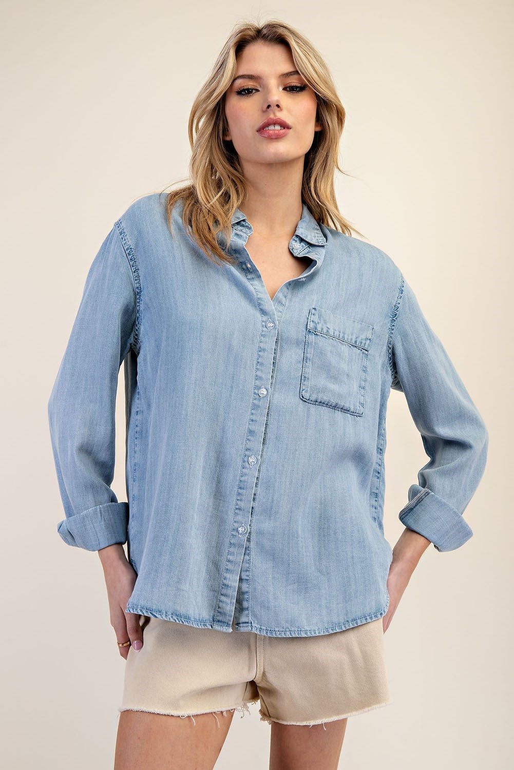 Washed Tencel Long Sleeve Button Up Top