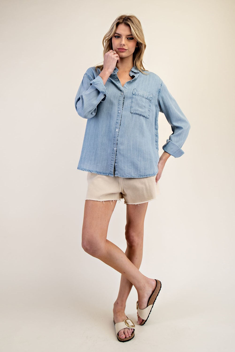 Washed Tencel Long Sleeve Button Up Top