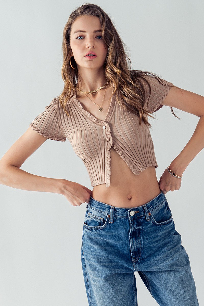 Bella Button Me Up Crop Top (Taupe)