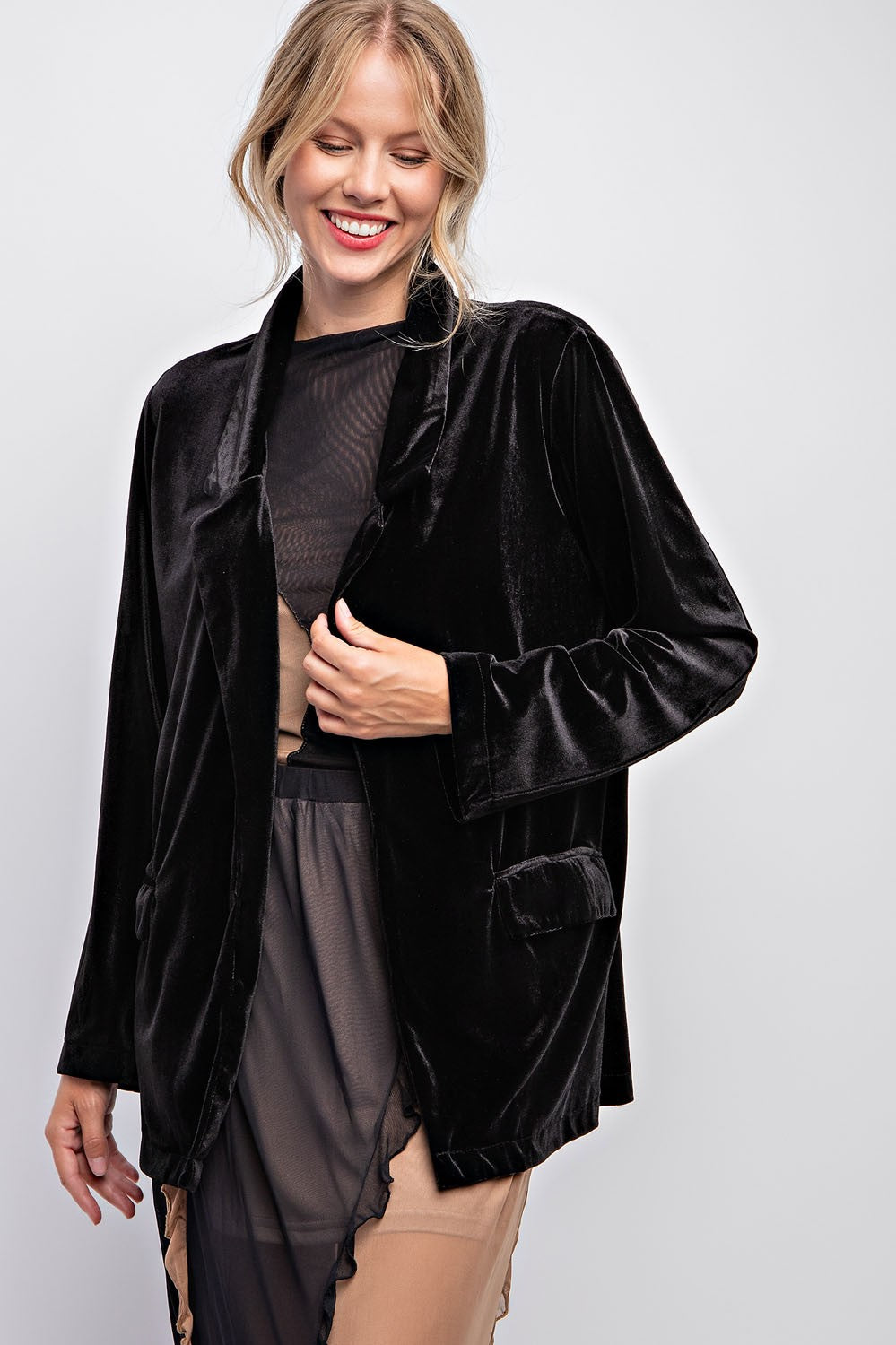 Black Velvet Open Front Blazer