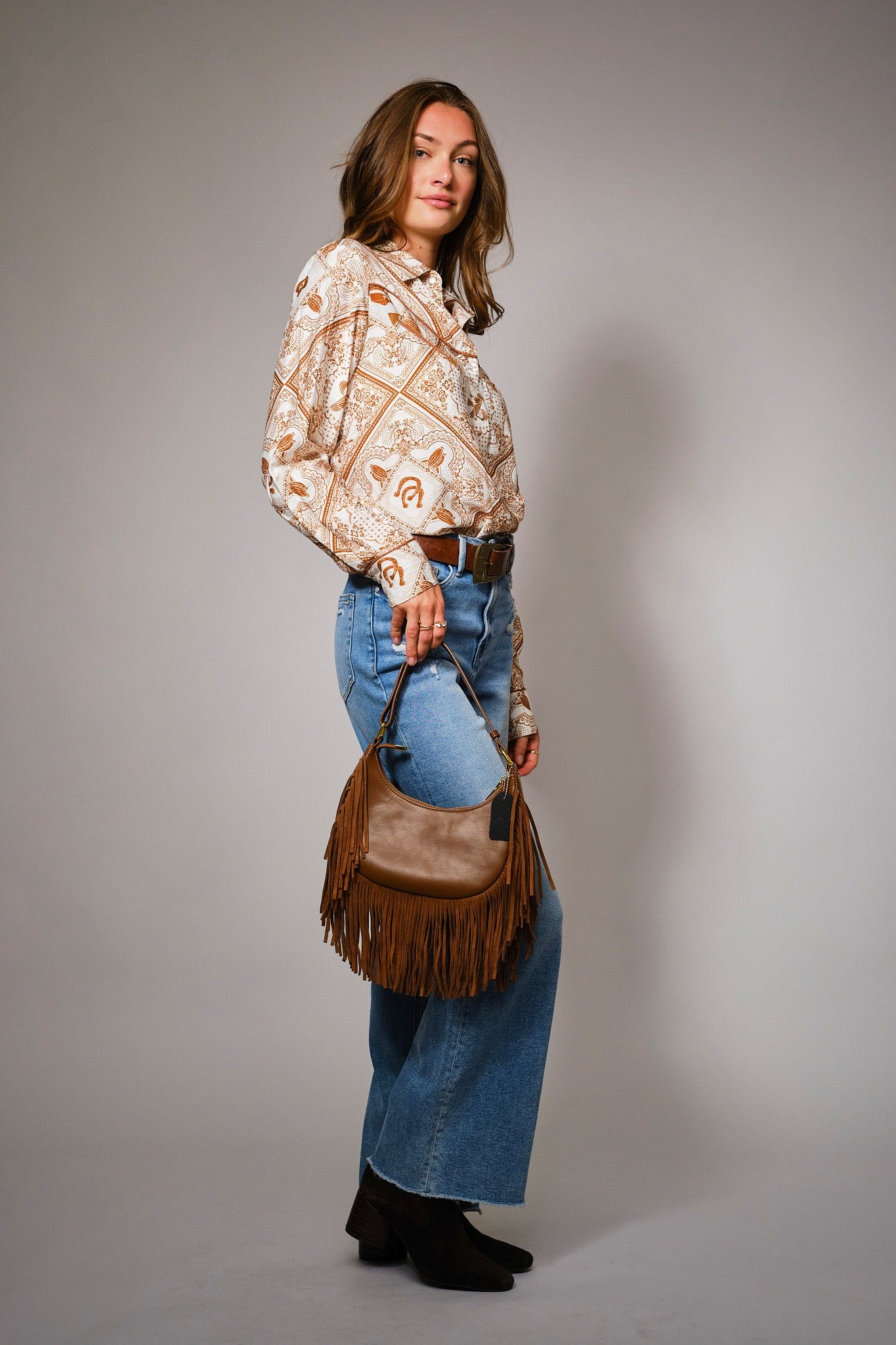 Rust & White Western Design Button Up Top