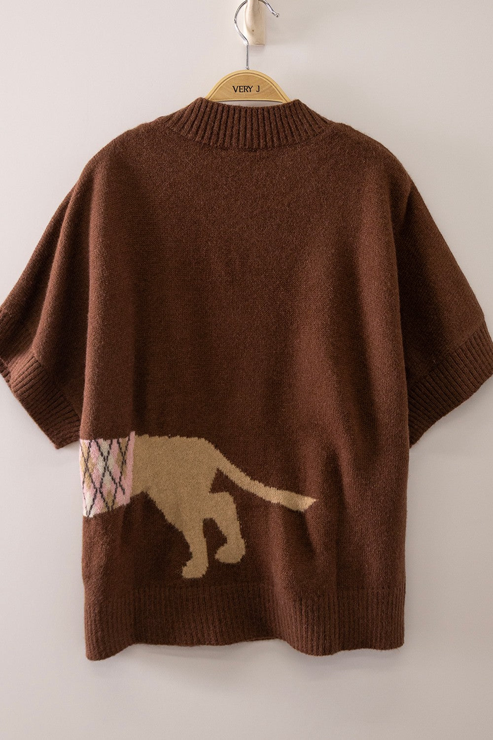 Dachshund Graphic Short Sleeve Sweater-Mocha