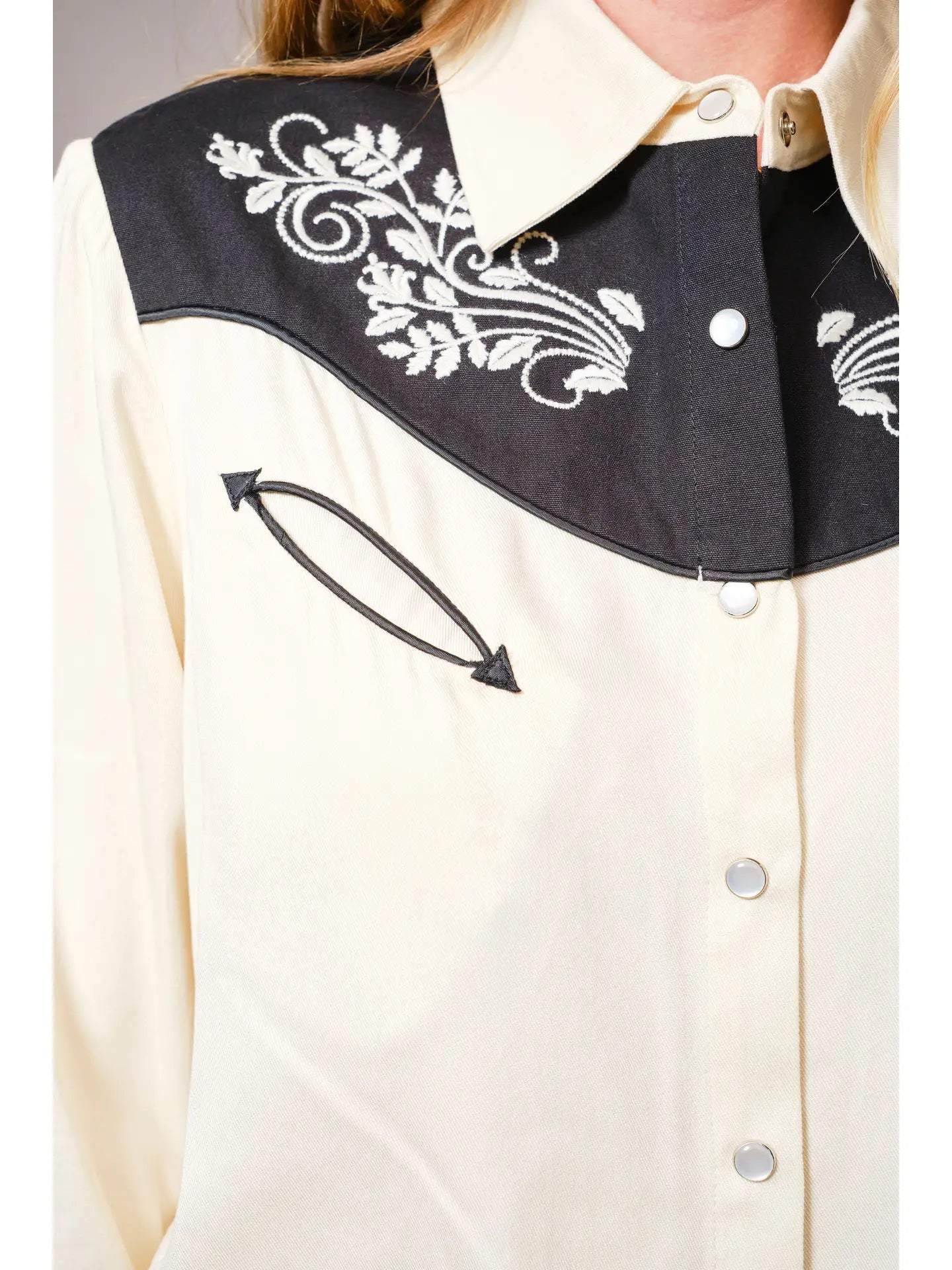 Cream & Black Yoke Floral Embroidered Top