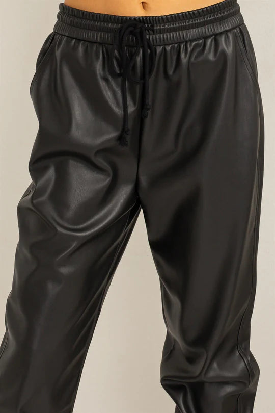 LEATHER JOGGER PANTS - Black