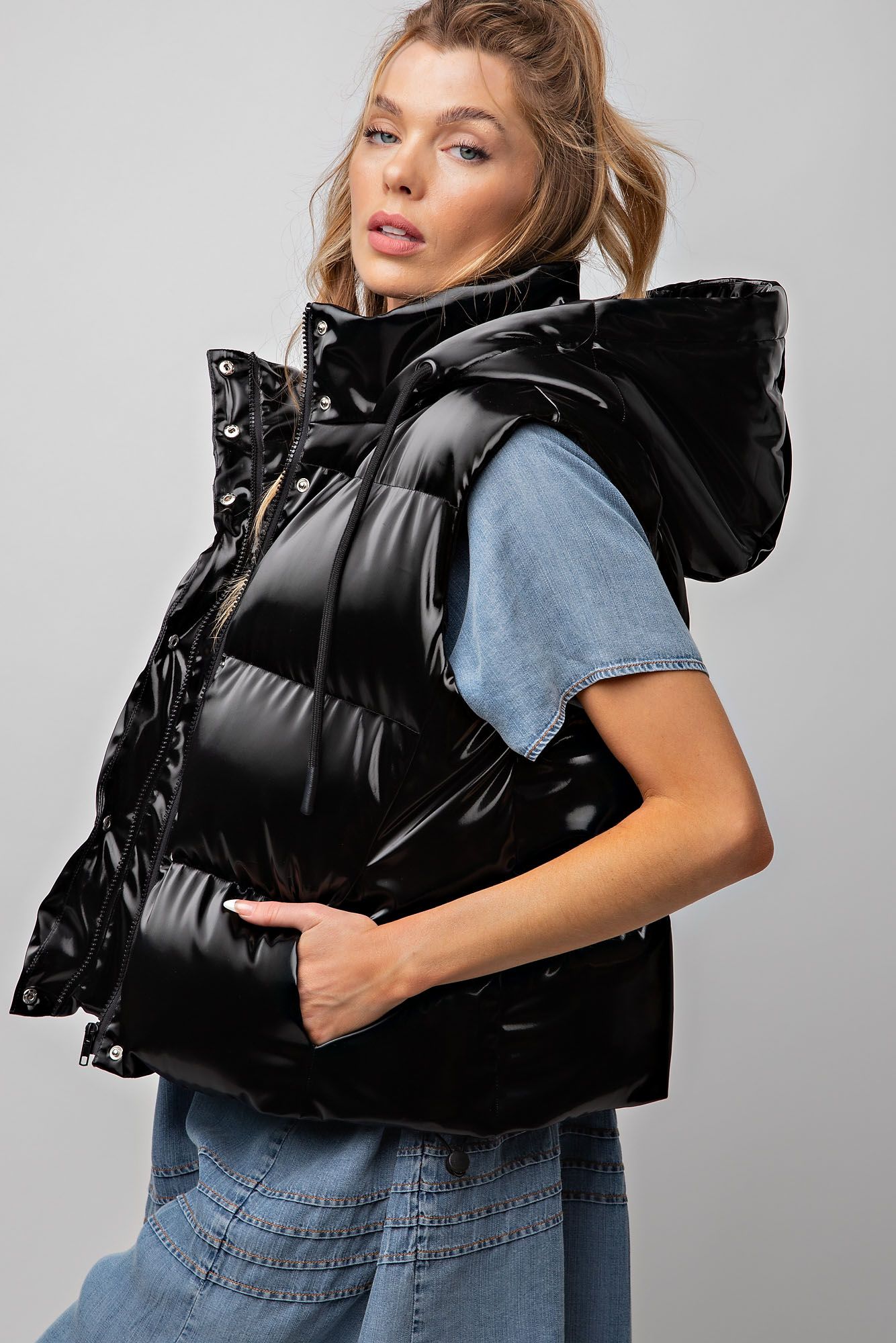 Black Shiny Hooded Puff Vest